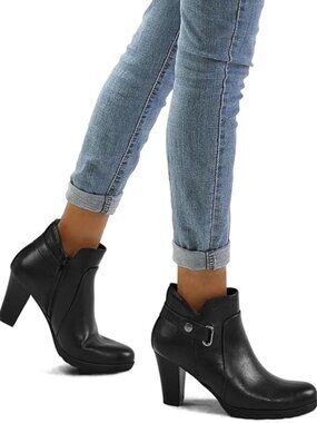 Women's Chunky Stacked Heel Ankle Boots Zipper Buckle Booties